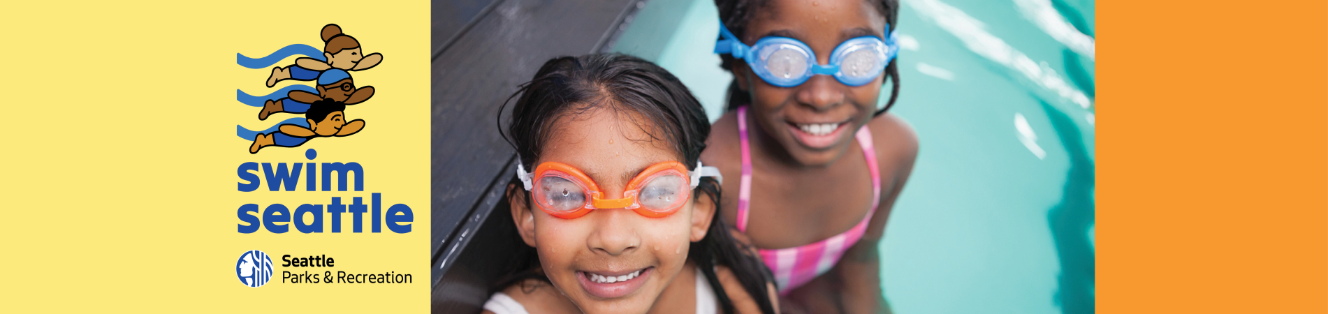two children in a pool wearing goggles, with a yellow and orange background